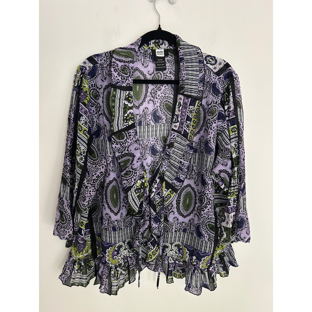 Studio 1940 Purple Paisley Ruffle Tie Front Bohemian Blouse Plus Size 22/24